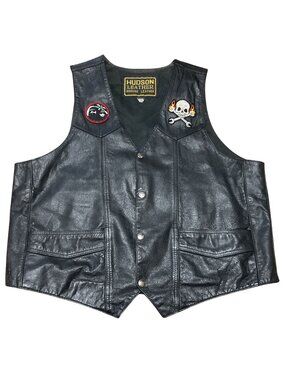 Hudson Genuine Leather Black Biker Vest 48 w/ Harley-Davidson Skull Patches Mens